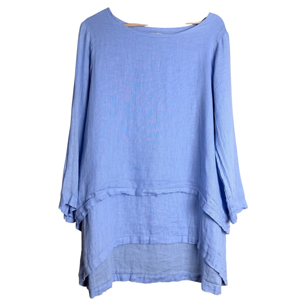 Crown Linen Designs Audrey Tunic L 100% Linen Blue Lagenlook Coastal Layered